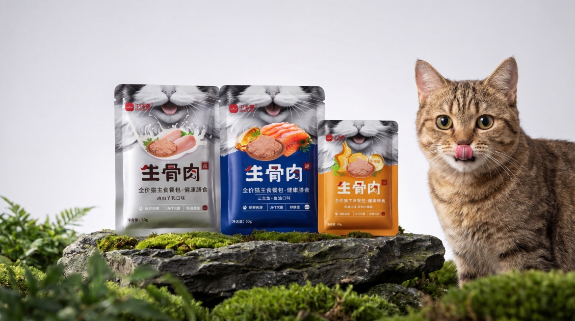 商业产品摄影，猫餐包电商主图，写实风格，高清晰度4K超写实渲染，明亮柔和的影棚布光，浅景深，整体干净高级。画面主体是三个猫餐包，二大一小，放置在深灰色带苔藓纹理的天然岩石台面上，右侧坐着一只吐着舌头的预览效果