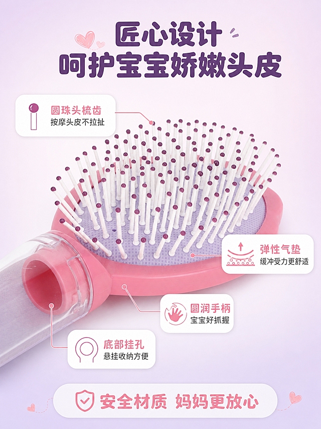 [商品] 使用【图3】儿童气垫梳梳齿微距特写图；保留白色梳齿带紫粉色圆珠头、紫色气垫、粉色梳框，产品结构不变；无图案花纹。
[画面] 详情页第3张-产品结构解析，目标展示梳齿与气垫设计亮点。引线标注型，梳齿区域微距特写位于画面中央，占画面约50%，从各部位引出细线标注关键结构。背景为浅粉紫渐变，简洁干净甜美。
[视觉] 套系策略：风格=甜美清新居家儿童风；标题字=圆润粗黑体；正文字=简洁圆润黑体；主色=浅粉色/淡紫色；背景延展=米白+浅粉+淡紫渐变，干净通透甜美；强调色=柔粉色，仅用于小面积标签、图标和重点文字；标题色=深粉紫；正文色=中灰色；组件=圆角信息卡、细线引线、可爱线条图标；光影=微距摄影质感，光线柔和均匀，梳齿圆珠头有清晰高光，气垫有柔软质感。
[文字] 顶部大标题"匠心设计 呵护宝宝娇嫩头皮"深粉紫粗黑体；引线标注四个核心结构：1."圆珠头梳齿 按摩头皮不拉扯"从梳齿顶端引出；2."弹性气垫 缓冲受力更舒适"从气垫区域引出；3."圆润手柄 宝宝好抓握"从手柄区域引出；4."底部挂孔 悬挂收纳方便"从底部挂孔引出。每个标注配可爱小图标。底部补充"安全材质 妈妈更放心"柔粉色文字。所有文字横排，中文。产品无图案花纹。
[规格] 图片比例3:4竖版，4K分辨率，避免变形、错字、文字过小、产品颜色改变、结构失真、水印、平台logo、工厂实拍图，产品无图案花纹。