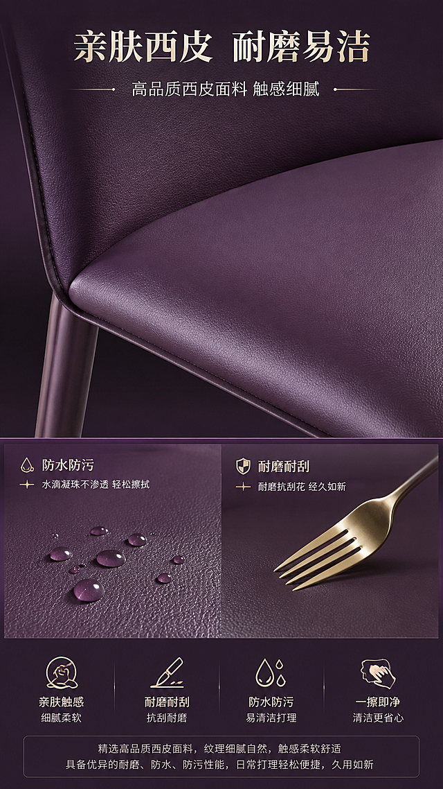 [第3张] 材质解析页-墨兰紫西皮面料质感特写。本张使用【图1】作为商品主体，重点展示椅面西皮面料部分。
[氛围/风格] 高级材质展示风，细腻真实，商业微距摄影质感。
[元素布局] 画面上半部分为墨兰紫餐椅坐面与靠背局部大特写，占比约55%，清晰展示西皮面料的细腻纹理、光泽感和缝线工艺；下半部分左侧为面料防污演示（水滴在面料上滚落），右侧为耐磨测试示意；椅子面料颜色为墨兰紫，纹理细腻有光泽。
[光影质感] 侧上方柔光打亮面料纹理，突出皮革质感与缝线细节，明暗层次丰富，质感真实。
[配色色系] 全局底色 #3A284A（深墨兰紫）；主色墨兰紫 #4A325C；辅助色暖白、香槟金。
[视角构图] 微距特写视角，上特写下说明，上下分区构图，阅读动线从上到下。
[文字版式] 版式为上特写+下材质说明。上方主标题「亲肤西皮 耐磨易洁」，副标题「高品质西皮面料 触感细腻」；下方4个图标标签「亲肤触感」「耐磨耐刮」「防水防污」「一擦即净」，每个标签配简约图标；底部小字补充面料特性说明；文字清晰可读。
[比例分辨率] 9:16竖版比例，4K分辨率，文字清晰可辨，高清画质。
[负向提示词] 面料纹理失真，颜色偏差，水印，文字错乱，产品模糊，背景杂乱。