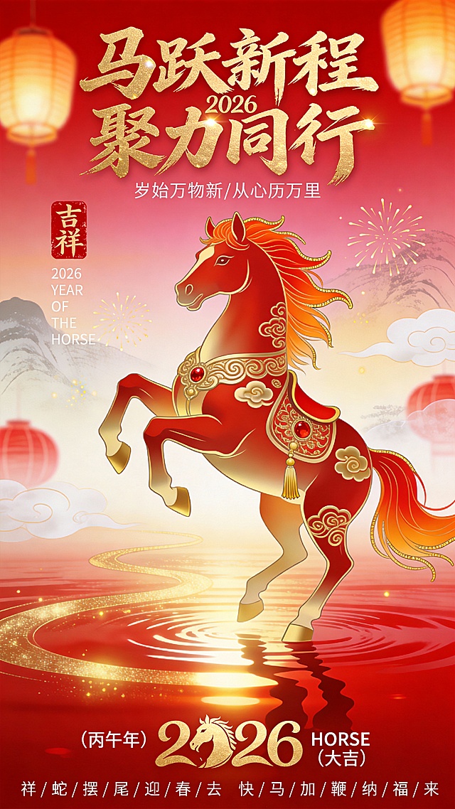 纯扁平风格，国潮插画风格，2026丙午马年竖版新年海报，国潮写意风格结合新中式美学，高分辨率8K，商业级精修画质，细节拉满，光影层次丰富，氛围宏大且喜庆
整体色调与背景：主色调为红金渐变，从顶部深邃的红过渡到中部的暖粉橙，再到底部的亮红金，画面上方是两个极度模糊的发光孔明灯；

背景为抽象写意的中式山水，底部是波光粼粼的红色水面，水面有清晰的光影反射效果，水面上漂浮着金色的流线型光带，呈蜿蜒流动状；背景中点缀半透明的白色祥云、模糊的红灯笼轮廓与金色烟花光效，烟花呈散射状，光影柔和不刺眼，

主体核心（奔马）：扁平插画风，画面中央偏下位置是一匹昂首奔腾的红金马，呈前蹄腾空、后蹄蹬地的动感姿态，马身肌肉线条流畅且富有力量感；马的主体色彩为朱红与鎏金渐变，鬃毛与马尾为橙红渐变，发丝呈飘逸的流线型，边缘有金色描边；马身装饰着复杂的金色传统纹样，包括卷草纹、云纹、宝相花纹，纹样呈对称分布，覆盖在马的颈部、腹部与腿部，纹样细节清晰，有浮雕质感；马鞍为红金配色，镶嵌红色宝石装饰，马鞍边缘有金色流苏，流苏呈自然垂坠状
文字元素（精准位置+字体+样式+色彩）：

1. 画面顶部下核心标题：“马跃新程 聚力同行”，采用金色鎏金书法字体，设计感排列在画面中上方，笔触雄浑有力，笔画有飞白效果与金属光泽，字体边缘有轻微的立体浮雕感，“马跃新程”字号大于“聚力同行”，“2026”数字巧妙融入“马跃新程”字体右侧，同样为金色鎏金质感

2. 标题下方白色极小字（第一行）：“岁始万物新/从心历万里”，白色纤细无衬线字体，居中排列，字号较小

5. 画面左侧竖排文字：上方是红色篆刻印章样式的“吉祥”二字，印章有做旧质感；下方是白色无衬线字体“2026 YEAR OF THE HORSE”，竖排排列，字号极小
6. 画面底部中央：“（丙午年）HORSE（大吉）”，白色无衬线字体，“丙午年”与“大吉”用括号标注，字号中等；下方是金色艺术化“2026”数字，数字融入马的头部轮廓元素，设计感十足
7. 画面底部最边缘：“祥/蛇/摆/尾/迎/春/去 快/马/加/鞭/纳/福/来”，白色纤细无衬线字体，分左右两部分排列在“2026”数字两侧，字间用斜杠分隔，字号极小
光影与质感：整体采用柔光打光，光源集中在奔马与水面区域，形成明暗对比；金色元素均有金属光泽与反光效果，红色元素有哑光与珠光渐变质感；祥云与烟花为半透明的朦胧质感，水面有清晰的折射与反射效果，增强画面的空间感与高级感
画面构图与氛围：竖版黄金分割构图，奔马位于画面视觉中心，文字元素上下分布，平衡画面；整体氛围宏大、喜庆、充满希望，融合传统生肖文化与现代国潮设计，寓意马年携手共进、再创辉煌