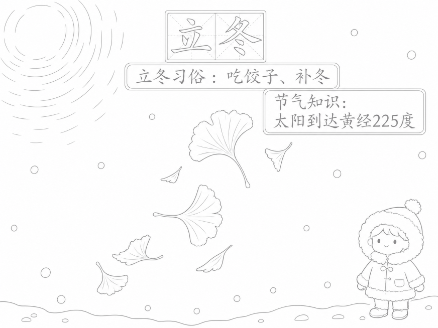 将这张立冬手抄报转换为浅色线稿图，保留原构图与轮廓，去除填充色彩，线条浅淡清晰预览效果