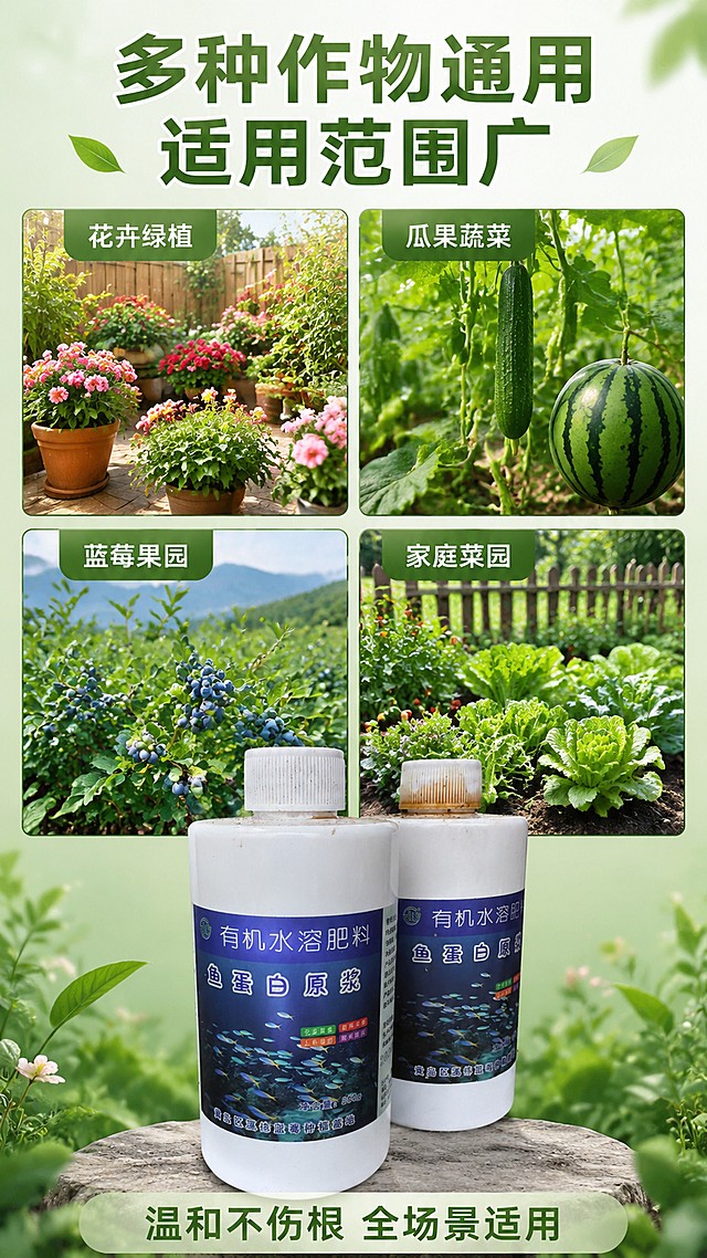 [第6屏] 多场景适用展示，花卉绿植瓜果蔬菜通用。
[氛围/风格] 场景拼贴风格，自然清新，展示多种适用场景。
[元素布局] 页面分成四块区域，分别展示：庭院花卉、室内绿植、大田瓜果、菜园蔬菜四种应用场景；每个场景小图配标签说明，底部放置完整产品图（使用【图1】）。
[光影质感] 每个场景自然光效，整体明亮，颜色自然和谐。
[配色色系] 整体绿色自然系，背景浅绿，每个场景边框浅灰色，清晰分区。
[视角构图] 四宫格拼图+底部产品，上下结构，信息清晰。
[文字版式] 顶部主标题「多种作物通用 适用范围广」，四宫格每个格子标注对应场景：花卉绿植/瓜果蔬菜/蓝莓果园/家庭菜园；底部小字标注「温和不伤根 全场景适用」，文字清晰分区，不遮挡场景主体。
[比例分辨率] 9:16 竖版比例，4K 分辨率，文字清晰可辨，高清画质。
[负向提示词] 场景重叠，文字模糊，产品变形，颜色失真。