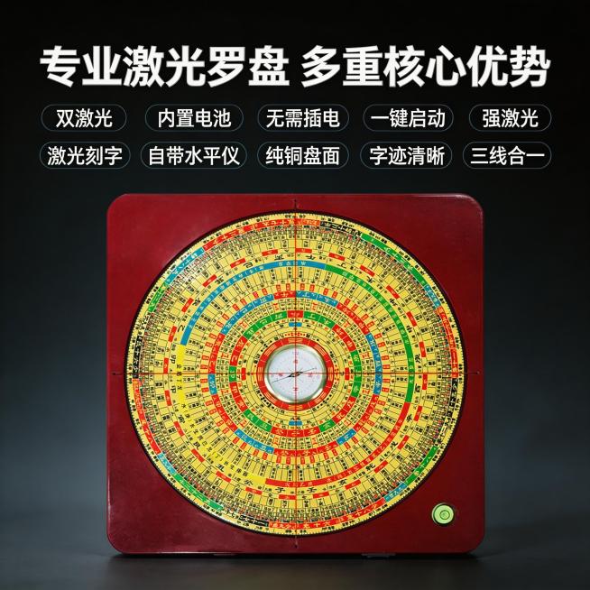 [主图主题] 激光罗盘全核心卖点汇总
[氛围/风格] 中式简约，清晰直观
[画面元素] 红色激光罗盘完整居中放置在画面下半部分，产品完整展示，上方留白放置卖点文字，整体构图平衡，深色渐变背景干净简洁预览效果