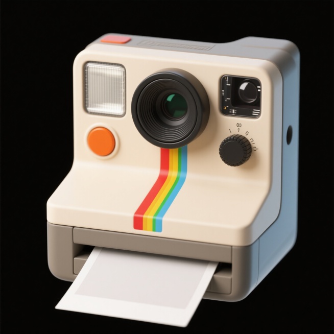 一个复古风格的米色拍立得相机，正面有黑色圆形镜头、闪光灯和测距窗，左侧有橙色圆形快门按钮，右侧有黑色圆形调节旋钮，机身正面中间位置有一条由红、黄、蓝、绿色组成的垂直彩色条纹，相机底部正在吐出一张白色空白相纸，整体采用简约的3D渲染效果，平滑的塑料材质质感，柔和均匀的光影，高光和阴影过渡自然，纯白色背景，居中构图，清晰的轮廓和细节，呈现出怀旧而现代的设计感。预览效果