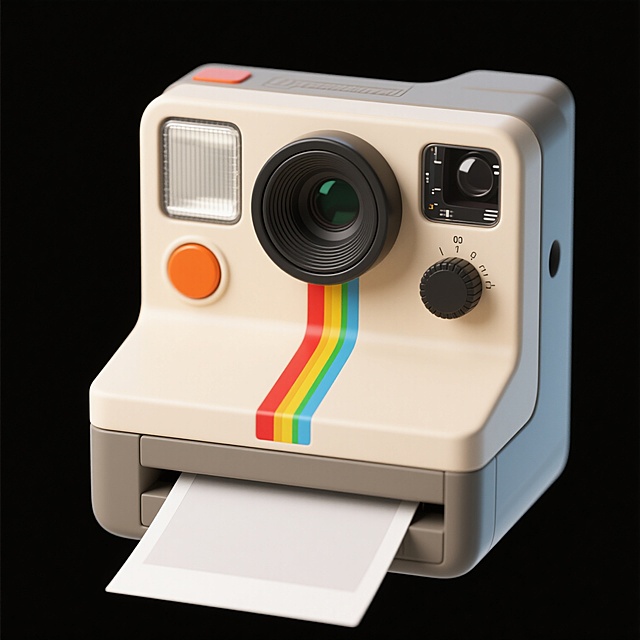 一个复古风格的米色拍立得相机，正面有黑色圆形镜头、闪光灯和测距窗，左侧有橙色圆形快门按钮，右侧有黑色圆形调节旋钮，机身正面中间位置有一条由红、黄、蓝、绿色组成的垂直彩色条纹，相机底部正在吐出一张白色空白相纸，整体采用简约的3D渲染效果，平滑的塑料材质质感，柔和均匀的光影，高光和阴影过渡自然，纯白色背景，居中构图，清晰的轮廓和细节，呈现出怀旧而现代的设计感。