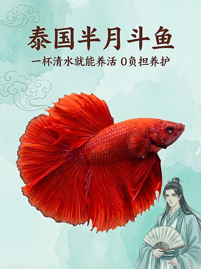 保留原有的所有文字内容和斗鱼，将背景颜色修改为浅松石绿，把右下角的古风女子换成中国古风帅哥，保持整体国风水墨风格不变