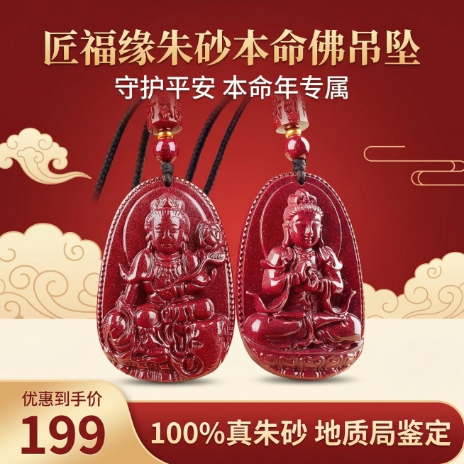 严格还原上传的朱砂本命佛吊坠产品图，包括红色朱砂材质、本命佛雕刻图案、黑色编织配绳、顶部朱砂珠和装饰细节，产品外观必须与参考图完全一致，不得改变吊坠的设计、配色方案或品牌元素，保持产品的真实哑光朱砂质预览效果