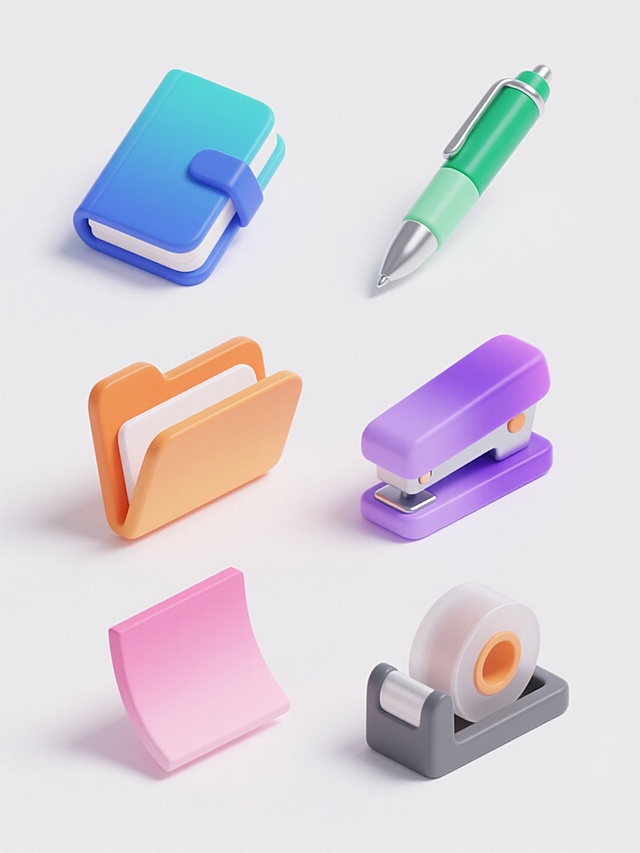 一套6个不同办公用具的系列图标，每个图标均采用简约现代的2.5D立体风格，具有光滑的圆角处理和柔和的渐变色彩过渡，高光和阴影细节丰富，呈现出一致的塑料质感。图标包括：蓝色渐变的笔记本、绿色渐变的钢笔、紫色渐变的文件夹、橙色渐变的订书机、粉色渐变的便利贴和灰色渐变的胶带座。所有图标在纯白色背景上整齐排列，保持统一的尺寸和视角，展现出清晰的视觉层级和高效的信息传达，符合现代办公产品的设计感和审美需求。