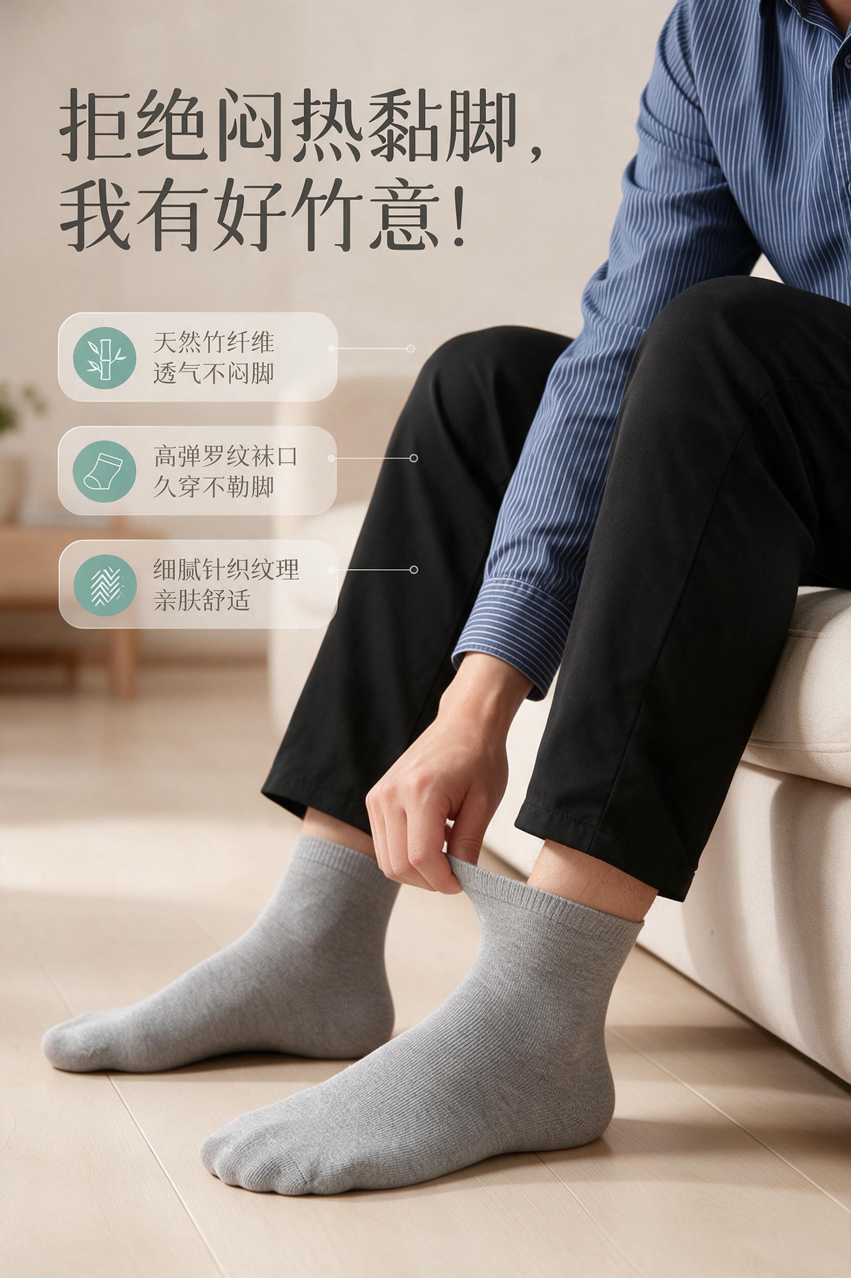 [商品] 使用【图1】男士浅灰色竹纤维中筒袜模特图；商品处理：… - 图片创意预览
