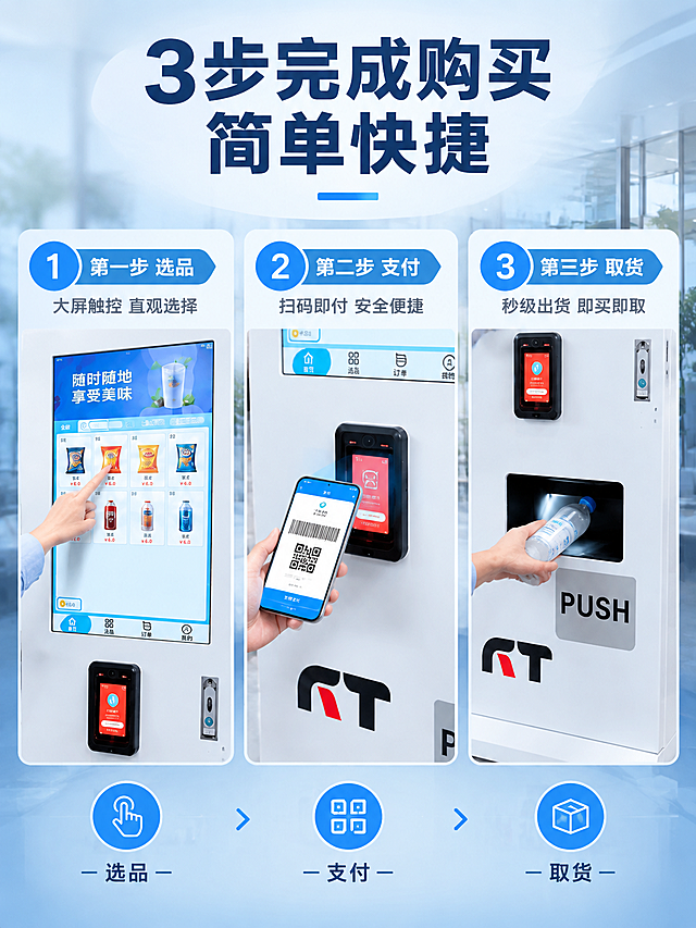 [商品] 使用【图1】白色立式智能扫码自动售货机；保留整体结构、比例、RT Logo、PUSH标识、大屏界面、扫码区、取货口、颜色和材质；清晰化屏幕界面内容和支付区细节。
[画面] 目标：3步购买流程实测演示，直观展示操作便捷性。版式：步骤分栏型，横向3列等分布局，每列对应一个步骤。第1步：手指点击大屏选品（屏幕特写+手部动作）；第2步：手机扫码支付（手机屏幕显示支付界面+扫码动作）；第3步：从取货口取出商品（手部取货动作+商品掉落）。每步有编号圆圈和箭头连接，背景为统一的办公场景浅景深。
[视觉] 套系策略：风格=科技商务风商业摄影；标题字=现代无衬线粗黑体；正文字=简洁无衬线体；主色=深海蓝；背景延展=基于深海蓝做深浅层级、同色渐变和细腻磨砂/玻璃质感；强调色=科技蓝，用于步骤编号、箭头和标签；标题色=深海蓝；正文色=深灰；组件=圆角步骤卡、蓝色编号圆圈、箭头连接线；光影=均匀柔光，动作清晰自然。
[文字] 顶部主标题「3步完成购买 简单快捷」，每步下方标注：「第一步 选品」大屏触控 直观选择、「第二步 支付」扫码即付 安全便捷、「第三步 取货」秒级出货 即买即取，文字横向排版，层级分明。
[规格] 图片比例3:4竖版，4K分辨率，避免变形、错字、文字过小、产品颜色改变、动作不自然、极限词。