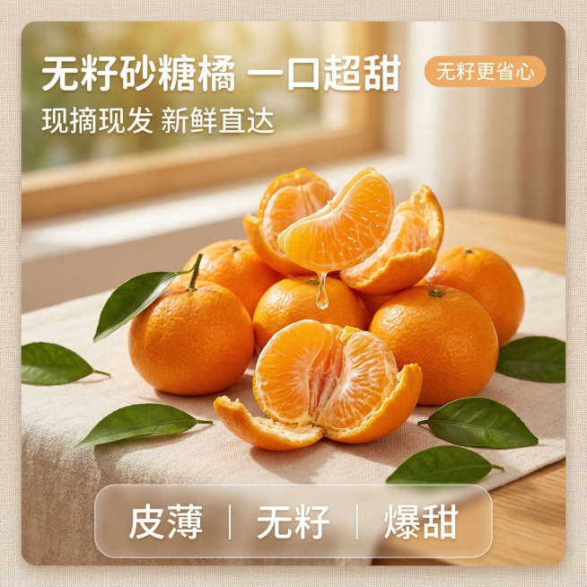 [垫图] https://cdn.dancf.com/fe-assets/20260313/9ed5cf309814be74bc807a3c094c4a1a.png
[主图主题] 无籽砂糖橘超甜首图预览效果