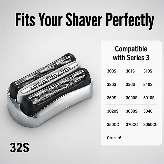 Amazon compatible models reference image for shaver head replacement. Light gray gradient background. Left side shows the 32S shaver head replacement product (silver frame, white cutter bar) at 45-degree angle, clear and sharp. Keep product appearance absolutely consistent. Right side has a clean white rounded rectangle panel listing compatible shaver models in organized rows. Title at top of panel: "Compatible with Series 3". Model list below in clear sans-serif text: "300S  301S  310S  320S  330S  340S  360S  3000S  3010S  3020S  3030S  3040  350CC  370CC  3050CC  Cruzer6". Text arranged in neat columns. Top of image has large bold English title "Fits Your Shaver Perfectly". Professional commercial photography, soft even lighting, clean and informative layout. No Chinese characters, no brand logos, no trademarks. 1:1 square format.