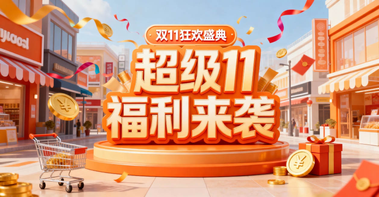 暖橙色为主色调的双11促销主题插画，中央立体'超级福利来袭'大字，上方'双11狂欢盛典'标识，搭配'满300减50'、'前1小时抢免单'促销信息，背景是繁华购物街景，点缀购物车、金币、礼盒、彩带元素，预览效果