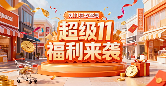 暖橙色为主色调的双11促销主题插画，中央立体'超级福利来袭'大字，上方'双11狂欢盛典'标识，搭配'满300减50'、'前1小时抢免单'促销信息，背景是繁华购物街景，点缀购物车、金币、礼盒、彩带元素，风格热烈喜庆