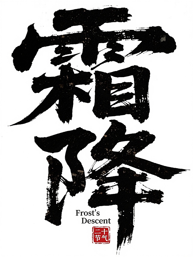 商业级手写书法作品，文字“霜降”，大师级手写艺术书法，白色背景黑色字，朴实拙趣，手写粗笔画，复古黑体书法感觉，字体厚重古朴偏隶书风格，风格独特，笔画极粗，因堆叠形成特殊艺术效果，运笔墨迹丰富，粗体块状设计，笔画边缘不规则，带有磨损和斑驳效果，仿佛历经岁月侵蚀，复古沧桑质感，文字排列紧凑错落有致，随性又不失秩序，干燥肌理笔刷，笔触肌理夸张加强，边缘像素锐利，笔画夸张化变型大胆，下方有疏朗小字英文“Frost's Descent”，底部有红色仿古“二十四节气”字印章
