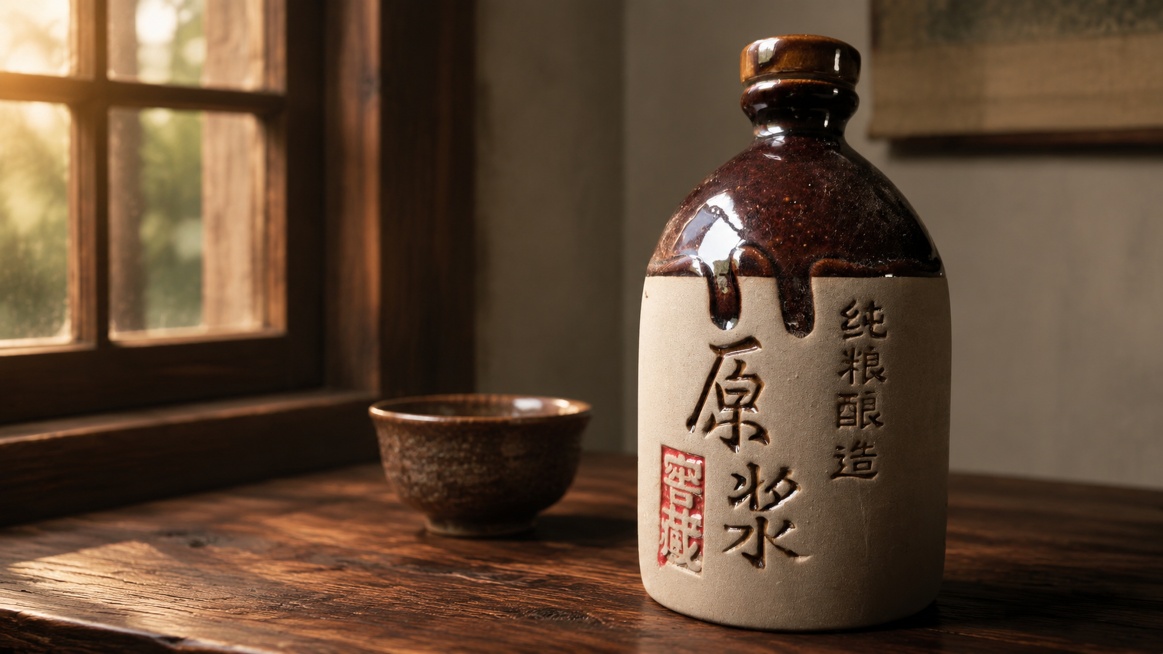 超写实商品横版摄影
主体：原浆酒严格参照上传产品图，完整保留所有可见组件、轮廓、结构、比例、材质、颜色与产品本体上的文字信息（原浆、窖藏、纯粮酿造浮雕文字全部保留），与上传图完全一致；自然融入场景光影预览效果