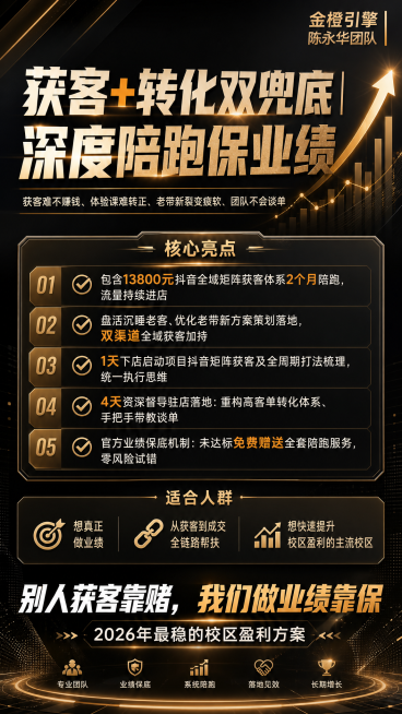 高端专业招商主推海报，整体大气上档次，色调沉稳高级。右上角添加文字"金橙引擎"和"陈永华团队"。主标题：获客+转化双兜底｜深度陪跑保业绩，副标题：获客难不赚钱、体验课难转正、老带新裂变疲软、团队不会谈预览效果