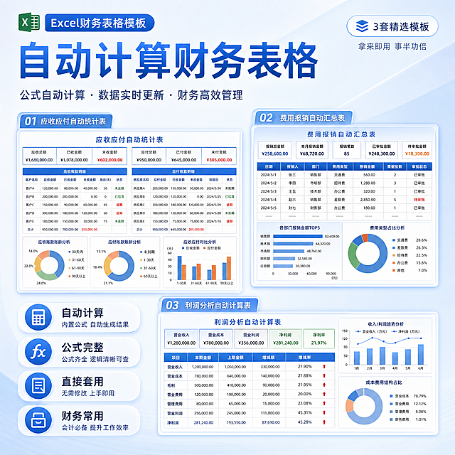 生成第二张和原图风格一致的Excel表格宣传图，保持和第一张相同的版式设计，浅蓝色干净渐变背景，展示另外三种不同的自动计算财务表格，保留标题和核心优势文案