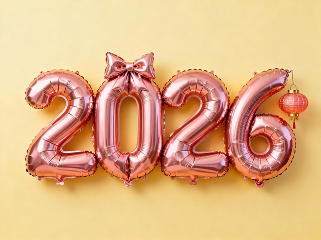 玫瑰金充气数字“2026”搭配蝴蝶结与灯笼，融合喜庆感、现代感与金属风，大字设计突显节日氛围。