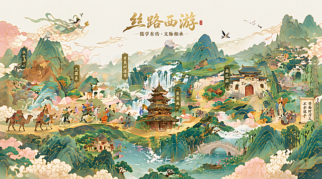 在现有构图和主题基础上，细化所有画面元素的细节，优化建筑、山水、人物的线条和纹理，减少AI感，增强手绘国潮插画的质感，保持整体国潮烫金青绿风格不变，保留所有文字和标注