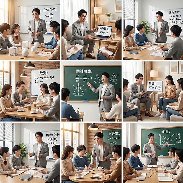 帮我生成关于高中数学的九宫格图片，要有老师和学生，老师的脸帮我设计成这张图片的，学生是中国人，场景是教室、家里、办公室、咖啡厅等，帮我生成20张