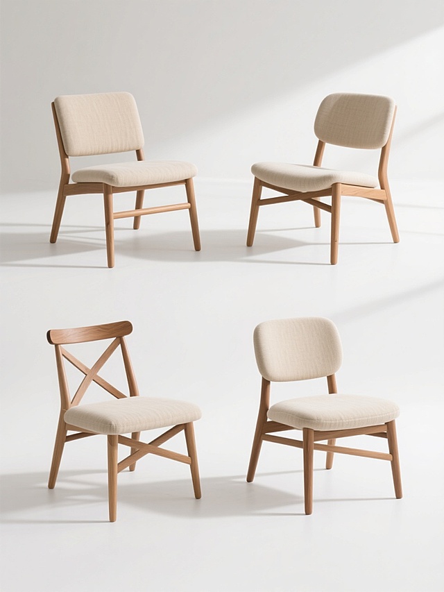 4个不同设计的椅子以规整网格排布，每个椅子保持现代简约风格，浅米色布艺坐垫搭配原木色交叉支架结构，柔和自然光从上方照射形成轻微阴影，物体边缘清晰，纯色白色背景，无文字、无logo、无水印，高分辨率产品展示图。