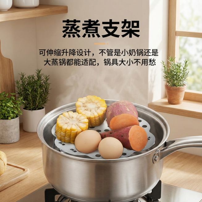 这是一款蒸煮支架，换个背景，把一个蒸煮支架平放进锅里，背景在厨房，温馨一点，简约一点，添加【蒸煮支架】【可伸缩升降设计，不管是小奶锅还是大蒸锅都能适配，锅具大小不用愁】文字，蒸煮支架的样式百分之百不变预览效果