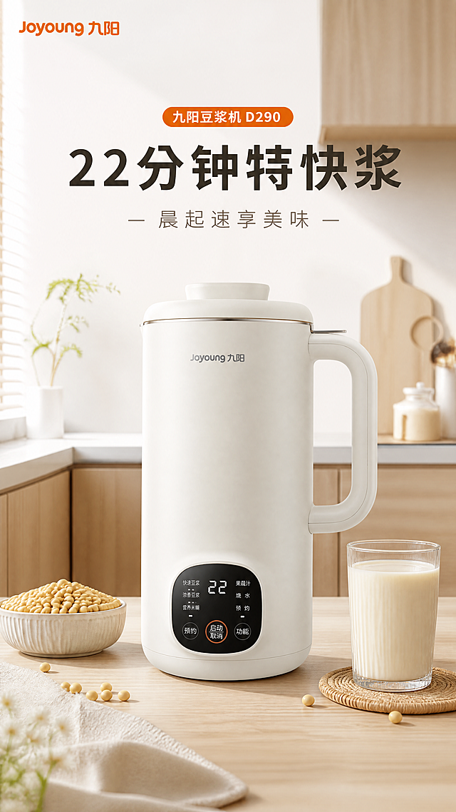 [第1屏] 详情页头图，白色九阳D290豆浆机新品宣传图，22分钟特快浆卖点宣传。简约INS风，温馨居家实景，干净柔和，自然光感。保持原产品外观：白色机身、黑色控制面板、直身造型不变。中心放豆浆机，旁配新鲜黄豆和豆浆玻璃杯，背景浅原木色厨房台面。主文案"22分钟特快浆"居中粗黑放大，副文案"晨起速享美味"下方纤细浅字。配色：纯白底+浅原木+暖杏色+暖橙色点缀。9:16竖版，4K分辨率，文字清晰。负向提示：变形、水印、文字错乱、颜色偏差