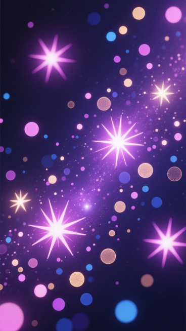 深邃的深紫色背景上，散布着变换为星芒状和圆形光点组合的发光粒子，色彩以明亮的粉紫色、柔和的淡金色和深邃的靛蓝色为主，粒子大小不一、疏密有致，呈现出自然随机的分布状态，光晕边缘柔和过渡，营造出梦幻而神秘的宇宙星空氛围，整体保持数字艺术的平滑质感和简洁的抽象风格。预览效果