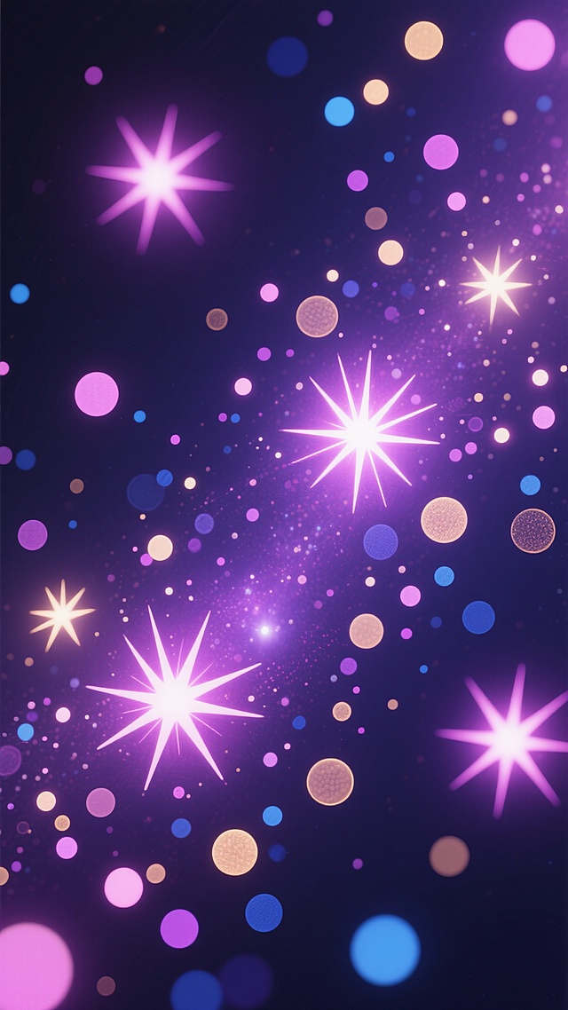 深邃的深紫色背景上，散布着变换为星芒状和圆形光点组合的发光粒子，色彩以明亮的粉紫色、柔和的淡金色和深邃的靛蓝色为主，粒子大小不一、疏密有致，呈现出自然随机的分布状态，光晕边缘柔和过渡，营造出梦幻而神秘的宇宙星空氛围，整体保持数字艺术的平滑质感和简洁的抽象风格。