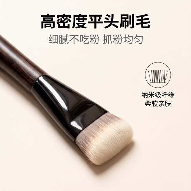 严格还原上传的一字型无痕粉底刷产品外观，包括深棕色仿木纹刷柄、黑色金属质感刷管、一字平头白色渐变刷毛等所有细节；产品外观必须与参考图完全一致，不得改变刷柄弧度、刷管形状、刷毛长度或配色方案；保持产品的预览效果