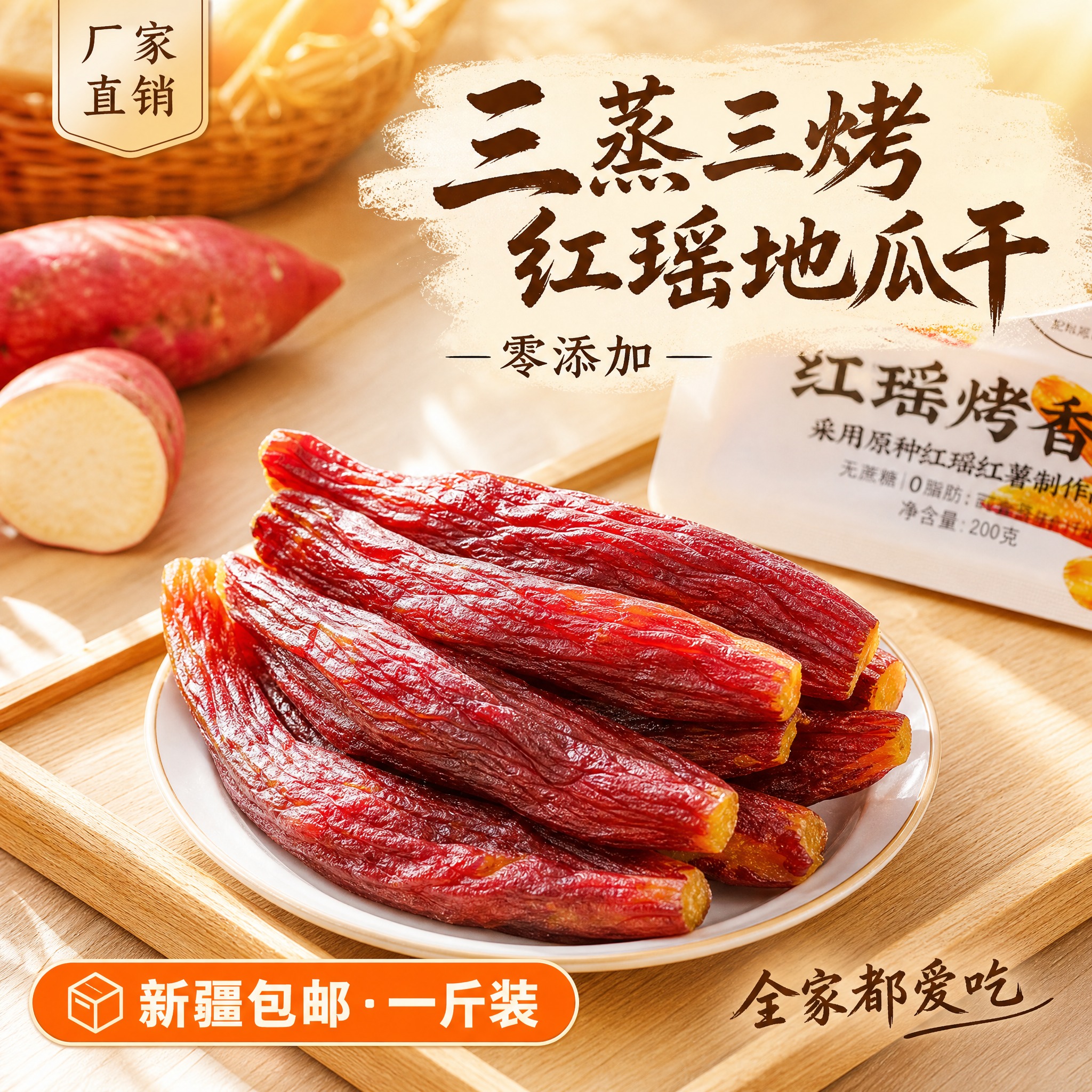 抖音电商主图，1:1正方形，爆款促销感路线，红瑶地瓜干产品。画… - 图片创意预览