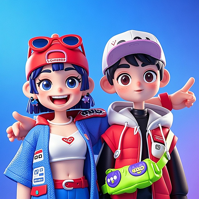 一对CP，嬉戏打闹，时尚衣着，白色背景