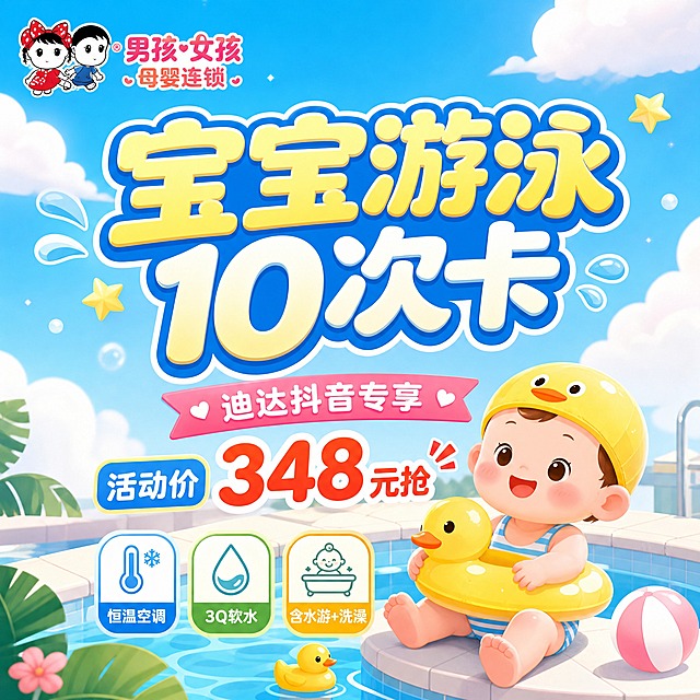 [主图-1] 服务主题与活动价格吸睛首图。
[统一基调] 温馨可爱母婴风大字报风格，整体明亮活泼，主色天蓝色+明黄色+白色，辅助色浅粉色和薄荷绿；标题字体为圆润粗体卡通字，带蓝色描边和白色填充，副标题为圆润黑体；卡片为圆角矩形，图标为可爱手绘风；整体光影为柔和自然光，明亮通透。
[画面] 画面中心偏上为超大主标题区域，下方为可爱宝宝游泳场景插画：一个戴黄色泳帽的可爱宝宝坐在泳池边玩黄色游泳圈，旁边有小黄鸭，背景是蓝天白云和泳池边缘，左下角有绿色热带植物叶子点缀，左上角放置品牌Logo（男孩女孩母婴连锁卡通Logo）。整体画面饱满，氛围温馨欢乐。
[光影质感] 柔和明亮的自然光，整体通透干净，卡通插画质感，色彩鲜艳饱和，阴影柔和不生硬。
[配色] 主背景天蓝色渐变，标题明黄色带蓝色描边，辅助文字白色或深蓝色，点缀色浅粉、薄荷绿、明黄。
[文字版式] 主标题超大号圆润卡通粗体字，居中排列，占据画面上半部分主要视觉；副标题和卖点文字在主标题下方，字号缩小60%以上；价格信息用大号红色/橙色突出显示，放在画面中下部醒目位置；所有文字放在负空间，不遮挡宝宝主体。
画面可见文案：
主标题："宝宝游泳10次卡"
副标题："迪达抖音专享"
价格："活动价348元抢"
卖点小标签："恒温空调" "3Q软水" "含水游+洗澡"
[输出要求] 1:1正方形，2K分辨率，文字清晰可读，画面温馨可爱，母婴风格；负向：变形、错字、模糊、杂乱、水印、平台Logo、成人面孔、恐怖元素、阴暗色调。