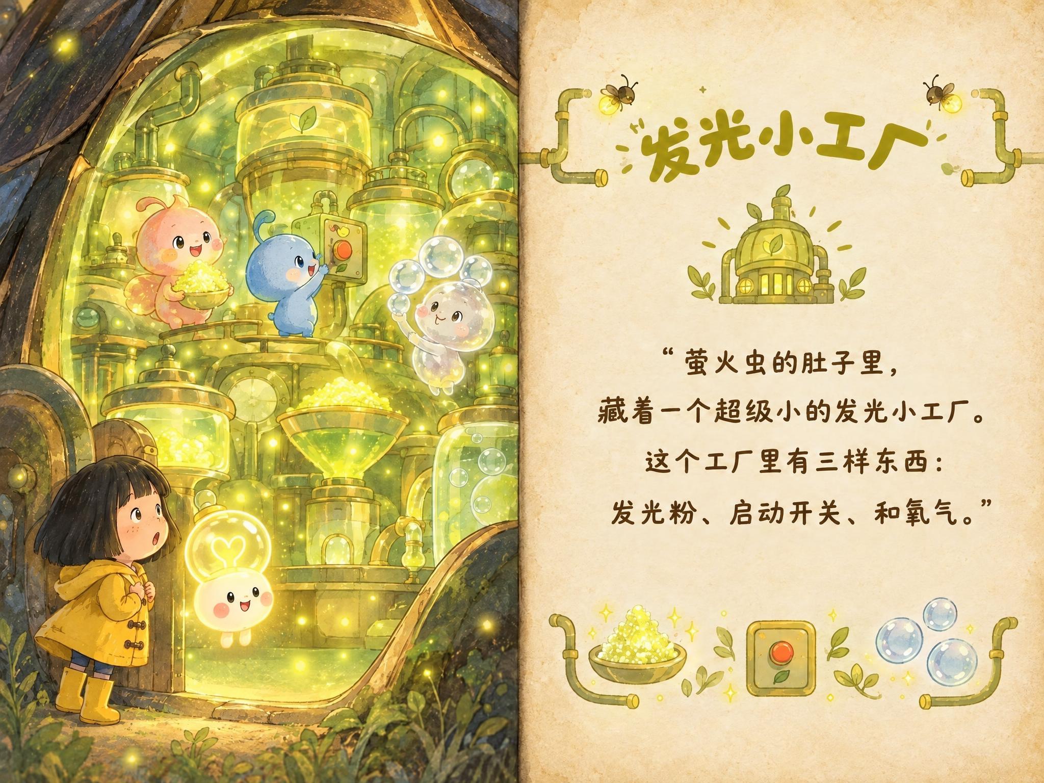 儿童绘本故事跨页（发光小工厂），横版左图右文布局。右图标题、文… - 图片创意预览