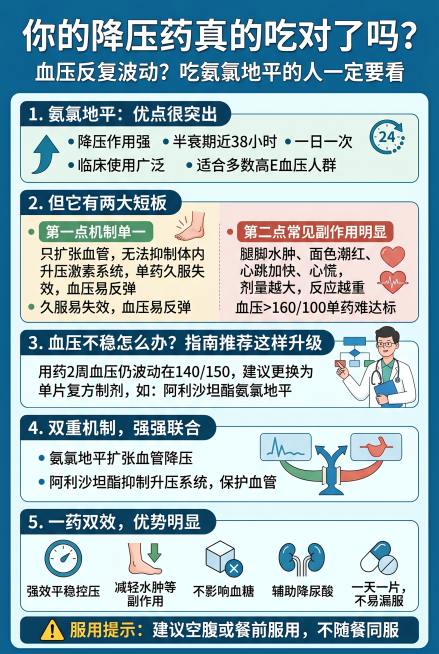 医疗健康知识信息图，主题为降压药氨氯地平全解析，主标题文字为“你的降压药真的吃对了吗？”，副标题文字为“血压反复波动？吃氨氯地平的人一定要看”，内容包含以下几个模块：1.氨氯地平：优点很突出，要点：降预览效果