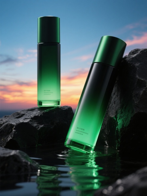 两瓶长圆柱形的绿黑色渐变男士爽肤水，一瓶站立在黑色岩石上，另一瓶斜靠在站立的瓶子旁，产品底部有水，背景是蓝天和绚烂晚霞，光线照射在黑色岩石上，玻璃瓶透出绿光，环境光，发光的水，男士硬朗风格，品牌灵魂设预览效果