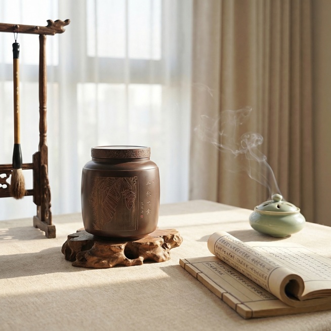 将原产品替换为深棕色坭兴陶茶叶罐（带盖子），放置在浅米色棉麻桌布的书桌一角，陶杯放在根雕木座上，杯身保留原有的“千秋大业 乙巳年”文字和刻绘芭蕉图案，保持文字和Logo结构不变，保持产品主体物理结构不预览效果