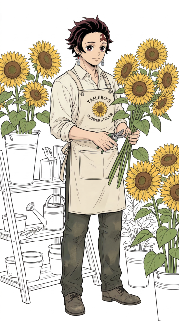 保持原图二次元漫画线稿上色风格，绘制花店服务员灶门炭治郎，搭配不一样的服装，设计和参考图不同的人物动作，身边带有向日葵，简洁线稿空白背景预览效果