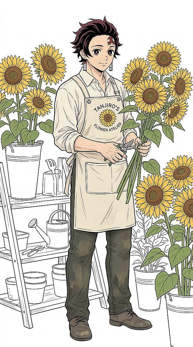 保持原图二次元漫画线稿上色风格，绘制花店服务员灶门炭治郎，搭配不一样的服装，设计和参考图不同的人物动作，身边带有向日葵，简洁线稿空白背景