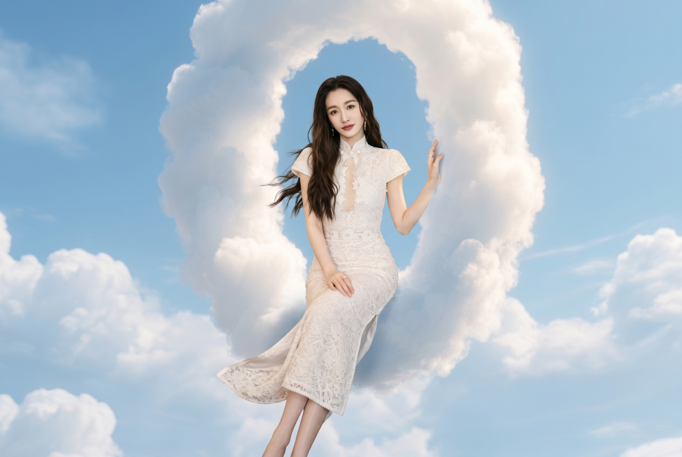 把参考图1中的人物坐到参考图2的数字0形状云朵上，营造出人坐在0云上荡秋千的轻松舒适氛围感。必须严格保留人物的原始人脸，100%保留面部五官特征和识别度，不得更改人脸。保留人物的服装、发型、配饰细节，预览效果