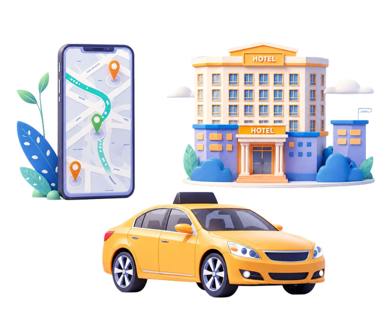 调整构图，将手机、黄色轿车、酒店建筑都分开显示，让每个物品都展示出完整的部分，保持原有的3D卡通插画风格，色彩搭配一致预览效果
