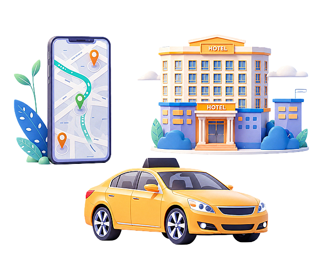 调整构图，将手机、黄色轿车、酒店建筑都分开显示，让每个物品都展示出完整的部分，保持原有的3D卡通插画风格，色彩搭配一致