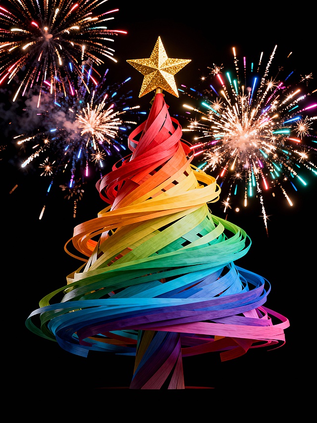 3D几何风彩虹圣诞树，鎏金星顶闪耀，光影交织烟花绽放，梦幻喜庆，金属质感与体积感融合，虚拟现实节日盛宴。