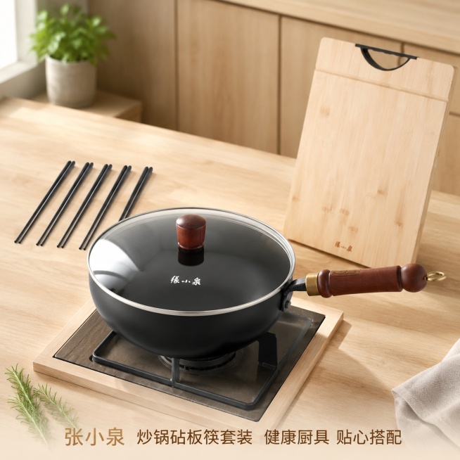 超写实商业产品摄影。
主体：炒锅、竹砧板和五双筷子严格参照上传产品图，完整保留所有可见组件、轮廓、结构、比例、材质、颜色与产品本体上的文字信息，与上传图完全一致；三件产品保留合理间距不重叠，完整不裁切预览效果