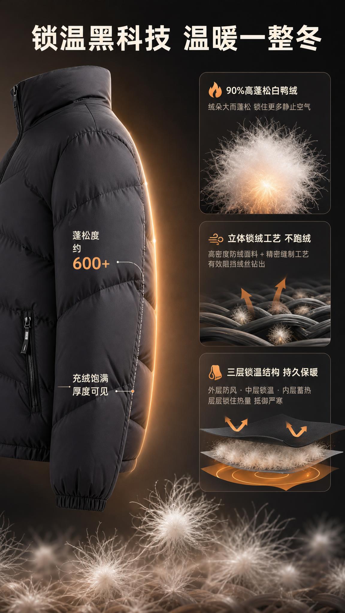 [商品] 使用【图1】男士黑色立领短款羽绒服；商品处理：保留立… - 图片创意预览