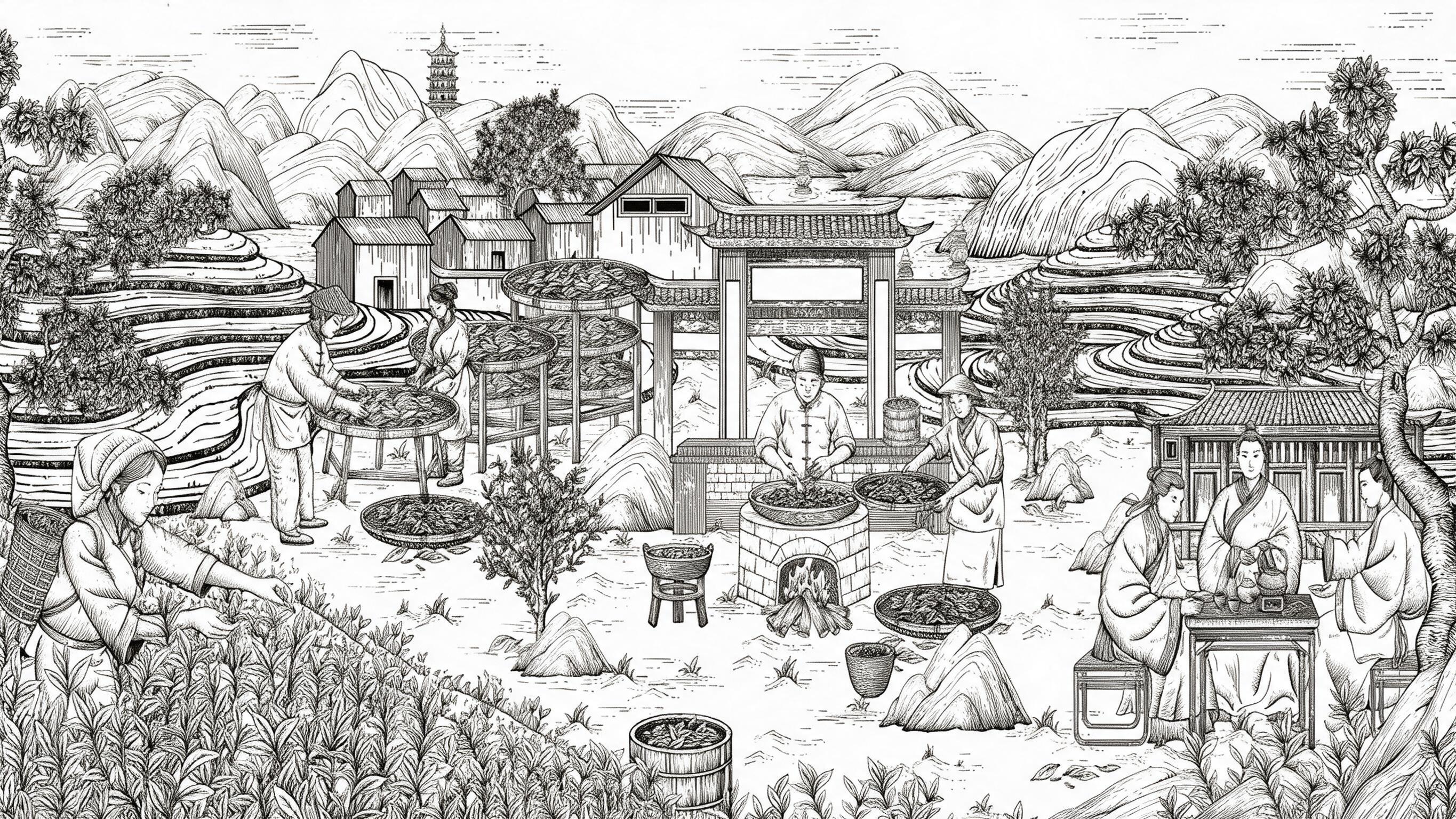 参考图中的中国传统制茶工艺场景线描画，保留完整画面构图和所有人… - 图片创意预览