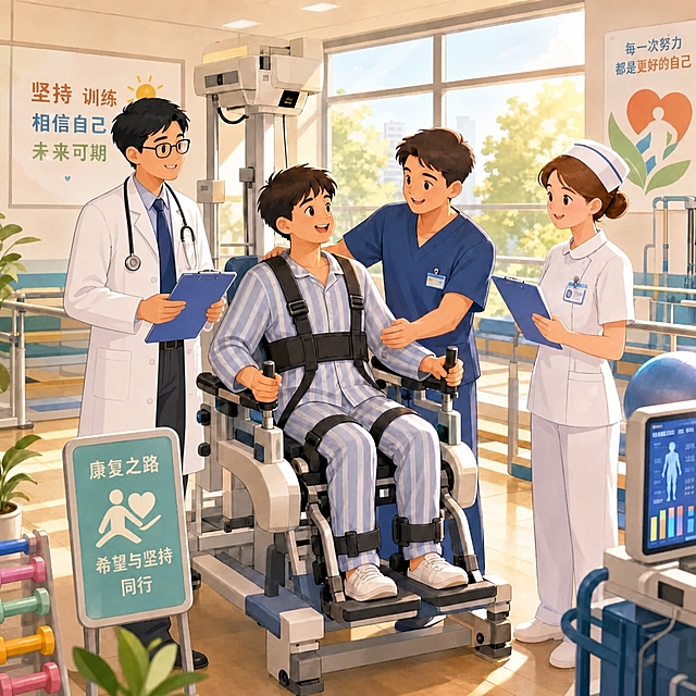 将左侧戴眼镜穿白大褂的医生身高增高一些，身材比例更修长，其他人物、场景、康复设备、文字标语、整体画风和构图保持不变