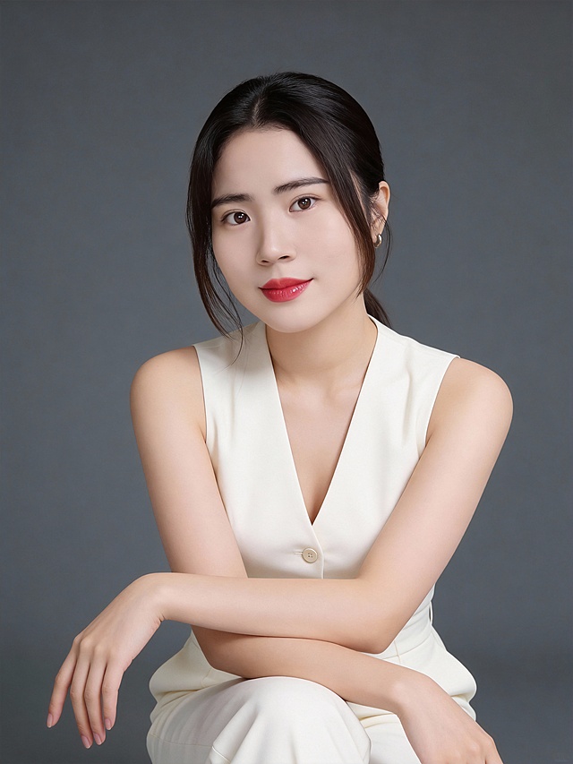 保留第一张图人物脸型､年龄特征生成标准纯正面胸像肖像照(特写);参考第二张图的人物占位和比例,头顶至上边缘有3%的距离,50mm标准焦段,人物位于画面中心,为聚焦核心,居中构图,占画面75%空间;平视视角(镜头与人物眼部平齐);入境范围头部至胸部区域,颈肩结构准确合理,姿态自然;3:4竖版中近景氛围感肖像,淡妆,肤质白皙细腻;冷调白皙,极淡裸粉哑光眼影打底,极细内眼线填充睫毛根部,大直径深棕色带细微高光点的自然款美瞳;边缘模糊无生硬轮廓;唇妆:粉调草莓红镜面水光唇釉,唇形饱满､唇峰清晰､唇面透亮光泽,唇周无晕染;身穿米白色无袖单扣v领连体裤;造型优雅干练,优雅坐姿,双臂自然交叉搭于腿面,双臂交叉搭于腿部,右手自然垂落(手指放松微张),左手轻搭右前臂,面部转向镜头,浅淡微笑,眼神直视镜头(目光坚定澄澈),表情自然､嘴角轻扬,主体锐利,美颜磨皮精致浓妆,均匀肤色提亮肤色,发质柔顺光泽,眼神直视镜头,目光坚定且澄澈,表情自然.嘴角上扬,气质自信温婉温和亲和感内敛;影棚柔和侧光(细腻明暗层次),白皙光泽+深豆沙红唇妆,高清32K细腻画质｡温柔松弛氛围;光线均匀柔和,画质清晰,表情自然,头部发型完整,去除人物之外的所有元素;美颜轻度磨皮,影棚布光(主光来自画面前方),明暗过渡柔和,背景光线均匀,强化色彩对比的高级感｡简约冷调中深灰度纯色背景(呈现均匀柔和质感),极简干净,严格按照第一张图内容生成｡