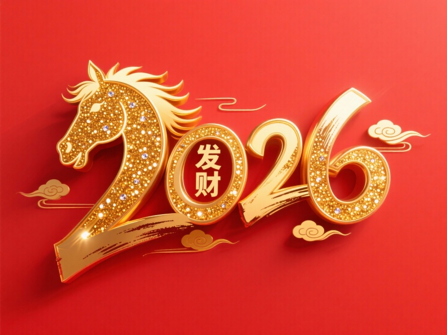 “2026” 立体艺术字，连贯的装饰性字体：首个数字 “2” 融合为金色马首，数字 “0” 内部嵌入 “发财” 字，红色平面背景中，金色闪粉与金色金属的材质布满金色细闪小钻；金色用于马首鬃毛、字边缘带预览效果